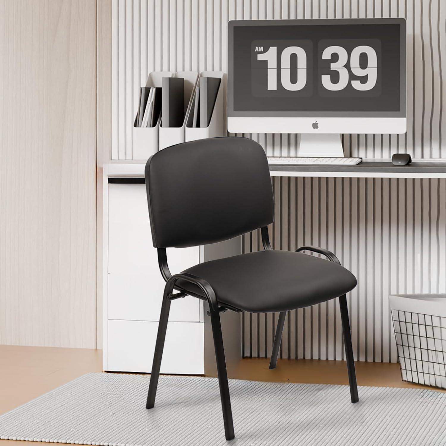 CLATINA Stackable Waiting Room Chairs, PU Leather Guest Reception Chair with Upholstered Thickene Seat and Back Support, Stacking Chair Metal Leg for Office School Church Conference, Black, 5 Pack