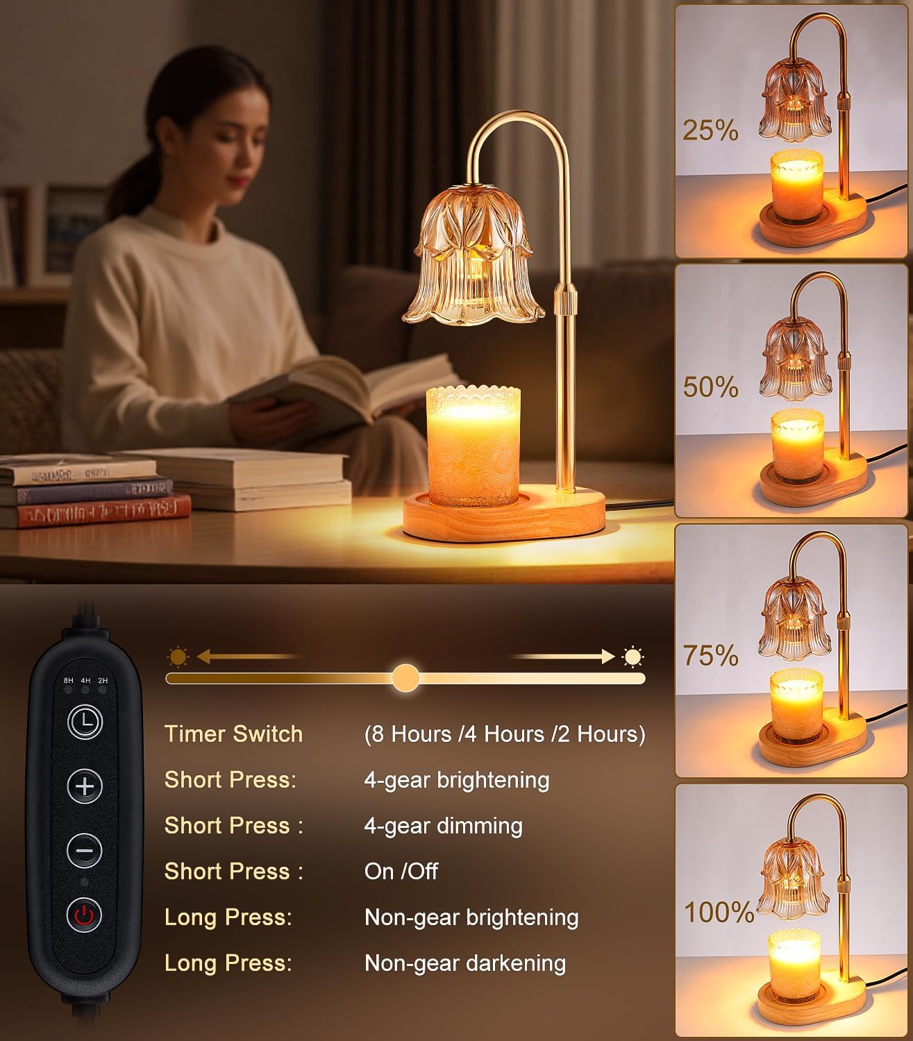 Candle Warmer Lamp Adjustable Timer - Electric Flower Glass Candles Warmers Adjustable Height Dimmable Vintage Base Modern Wax Candles Top Warmers for Small Jar Scented Wax Melts