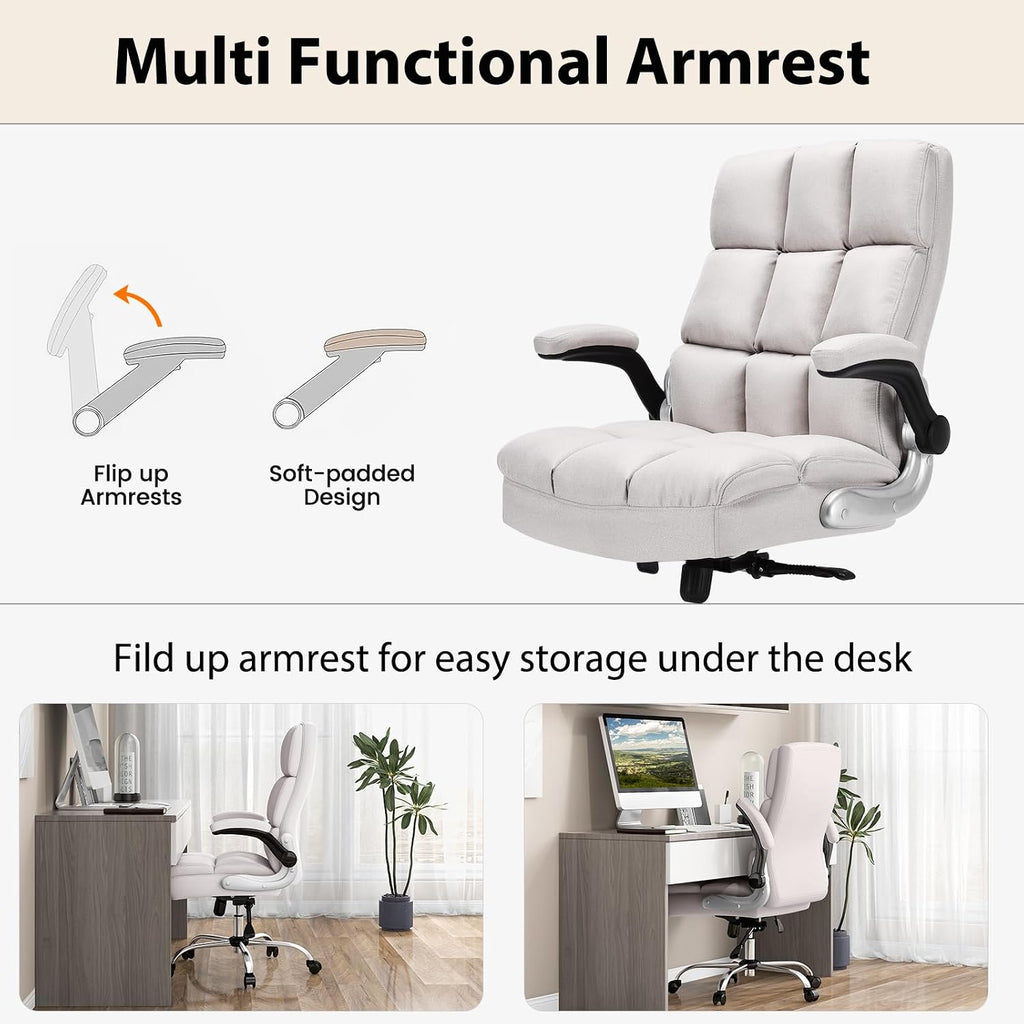POWERSTONE Ergonomic Office Chair Big and Tall High-Back Executive Computer Desk Chair Upholstered Comfortable Home Office Chair with Flip-up Arms 400 LBS, Beige
