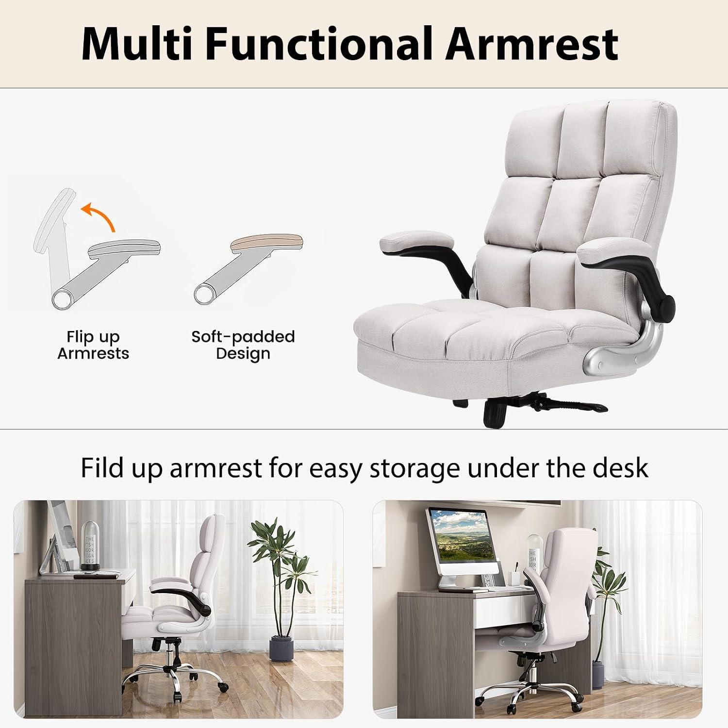 POWERSTONE Ergonomic Office Chair Big and Tall High-Back Executive Computer Desk Chair Upholstered Comfortable Home Office Chair with Flip-up Arms 400 LBS, Beige