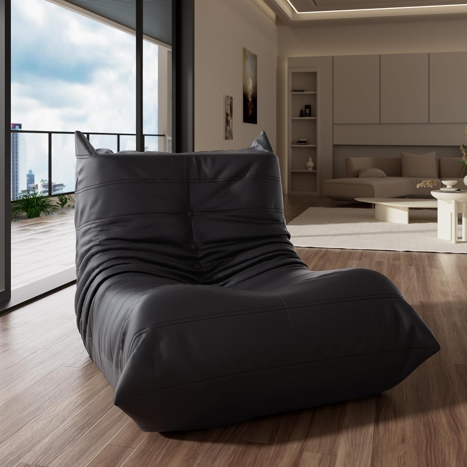 Morden Fort Big Bean Bag Chair for Adults, Faux Leather Bean Bag Sofa, Memory Foam Lounge Chairs with Ergonomic Design, Lazy Togo Chair for Living Room, Bedroom, Dorm, Office(Black)
