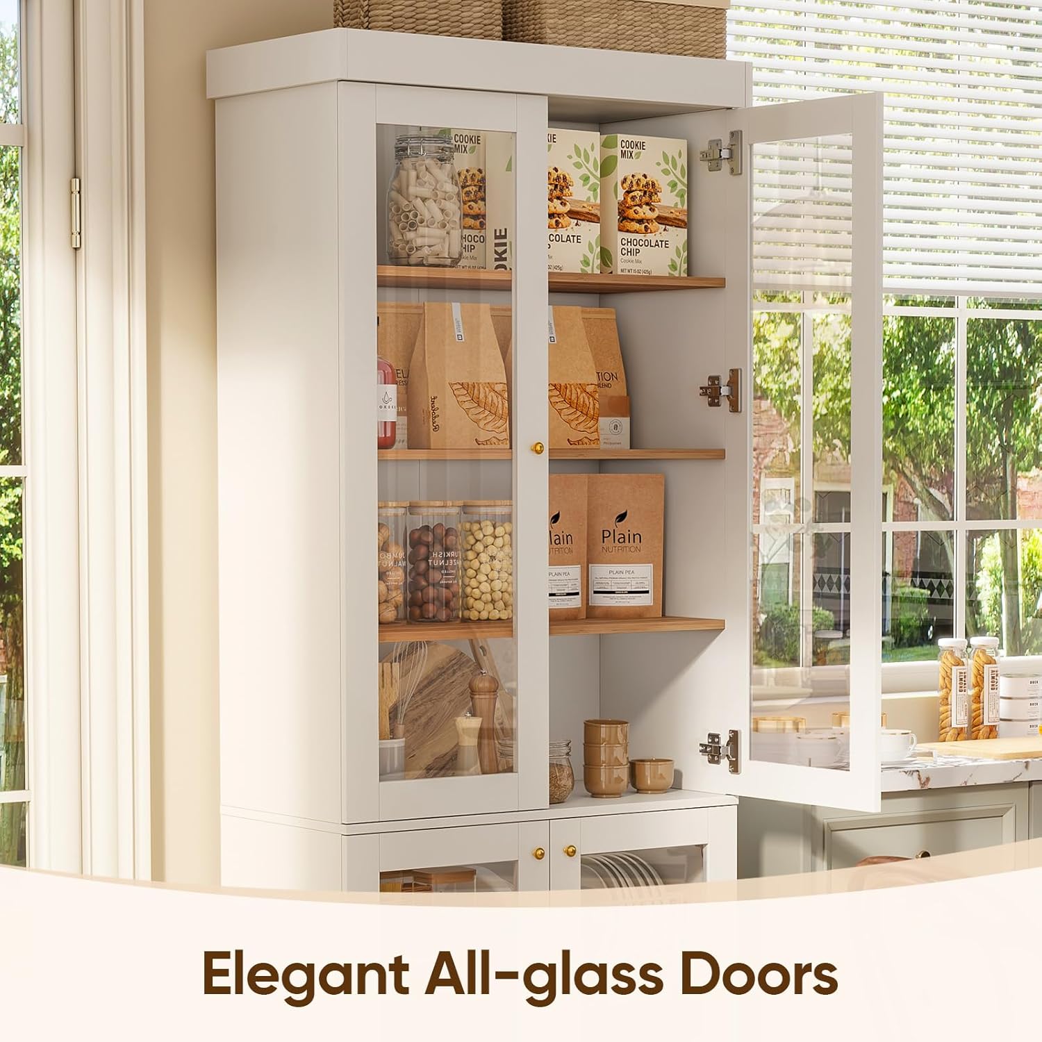 ivaniti 70.8" Tall Farmhouse Kitchen Pantry Cabinet with Glass Doors, Modular Storage Cabinet with 6-Tier Adjustable Shelves, White, Wooden Hutch for Kitchen, Living Room, Set of 2