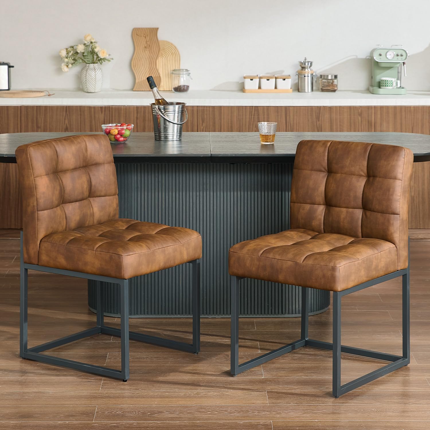 GrandNoor Coffee Faux Leather Dining Chairs Set of 4, Mid-Century Modern Dining Room Chairs with Armless, Checkered Kitchen Chair with Metal Legs