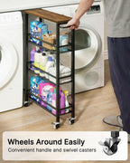 Pipishell Slim Storage Cart with Wheels - 4 Tier Rolling Kitchen Storage Cart with Handle and Wood Top, Metal Slim Bathroom Cart for Laundry Room, Bathroom, Kitchen, Narrow Space, Black & Rustic Brown
