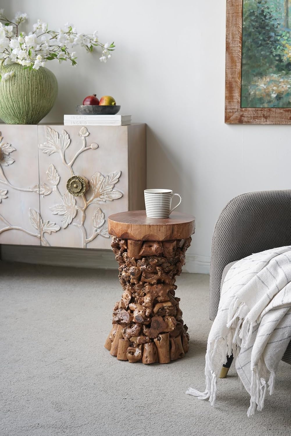 WILLIAMSPACE 11.8" Solid Wood Side Table with Organic Tree Root Base, Modern Mulberry and Paulownia Wood Accent Table End Table, Tree Stump Garden Stool, No Assembly, 18.9" H, Brown