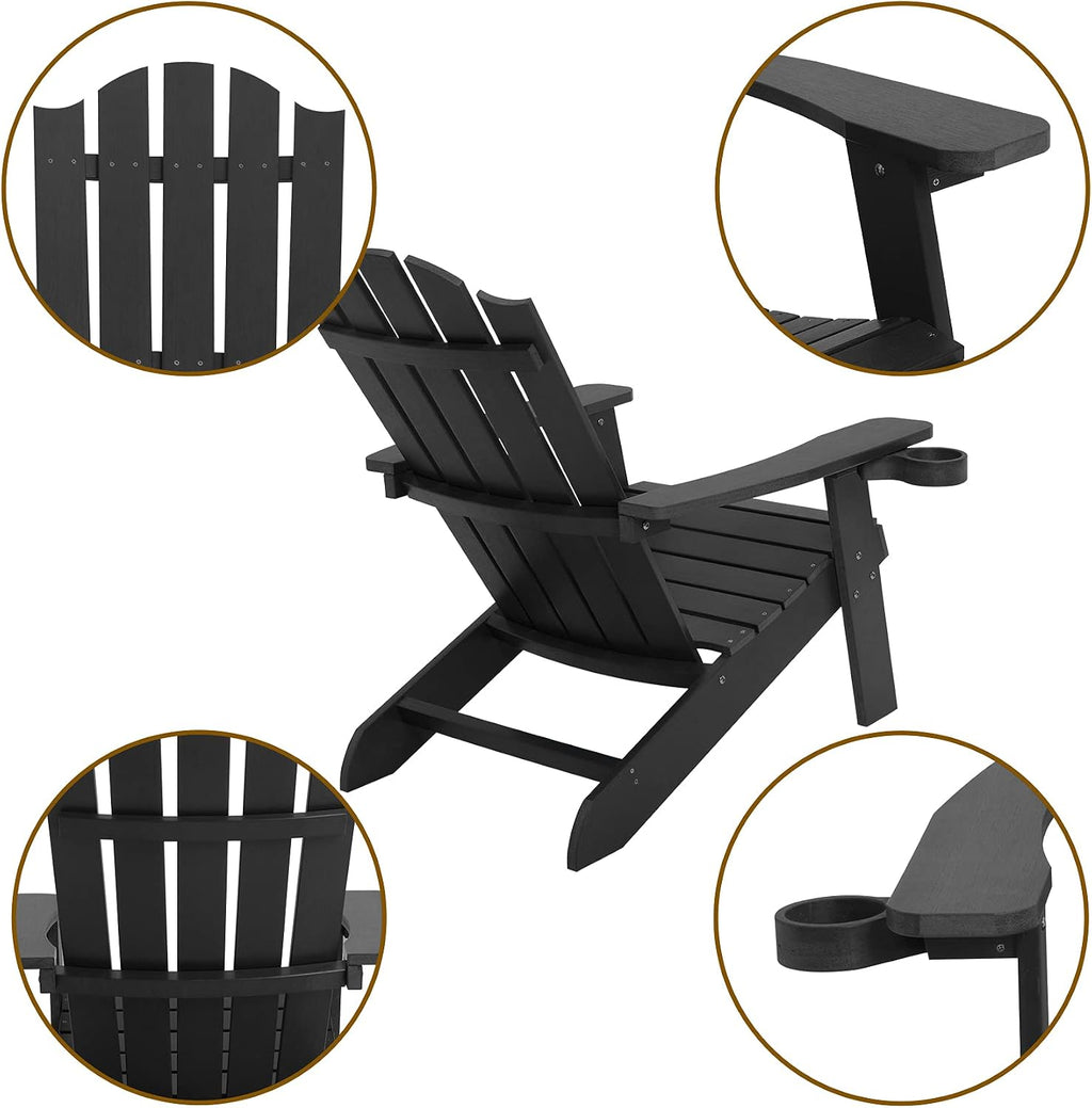 Melucivi Adirondack Chair Weather Resistant with Cup Holder, Fire Pit Chair Patio Outdoor Garden Resin Adirondack Chair for Adult, Black