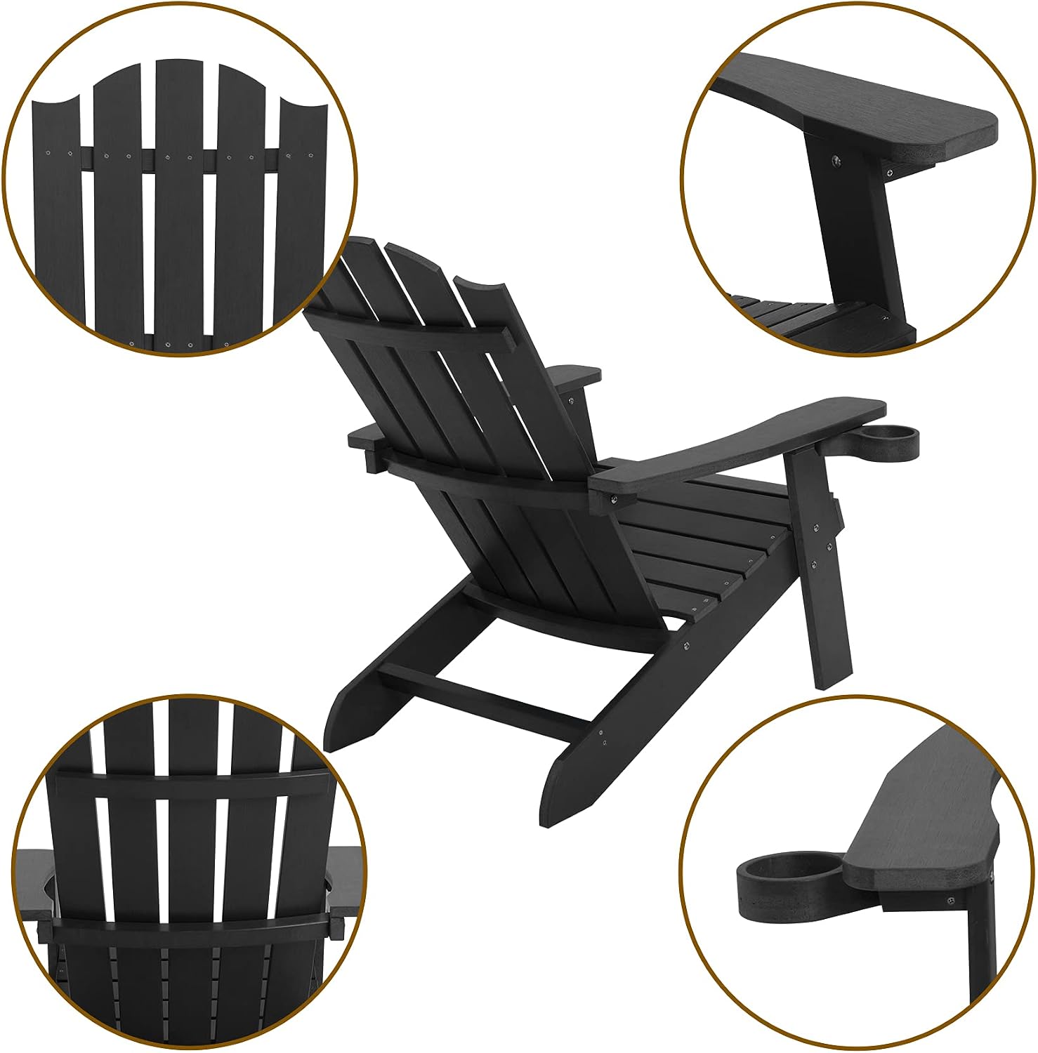 Melucivi Adirondack Chair Weather Resistant with Cup Holder, Fire Pit Chair Patio Outdoor Garden Resin Adirondack Chair for Adult, Black