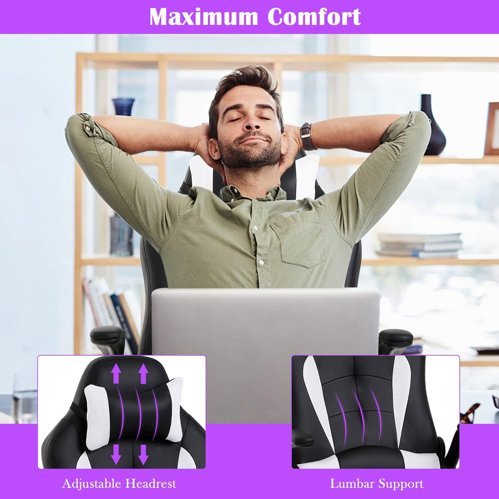 Ergonomic Gaming Chair, Gaming Chair with Headrest, Office Computer Chair Racing Chair with Wheels & Lumbar Support, High Back Gamer Chair PC Gaming Chairs for Adults Teens, Xmas Gift (White)