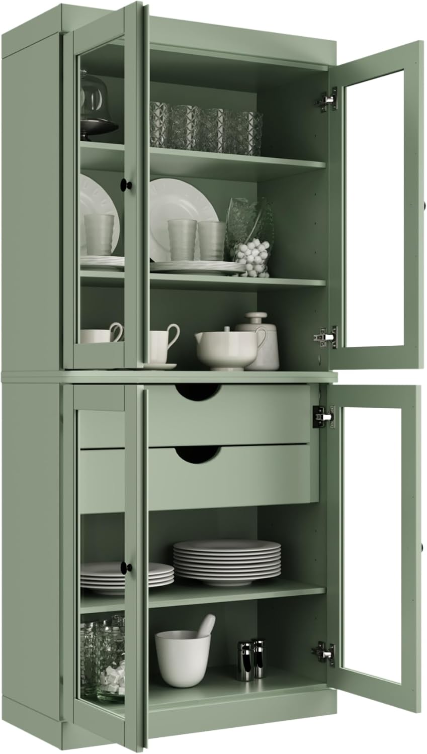 Palace Imports 100% Solid Wood 32"" Pantry Cabinet with Clear Glass Doors, 2-Drawers & Adjustable Shelves