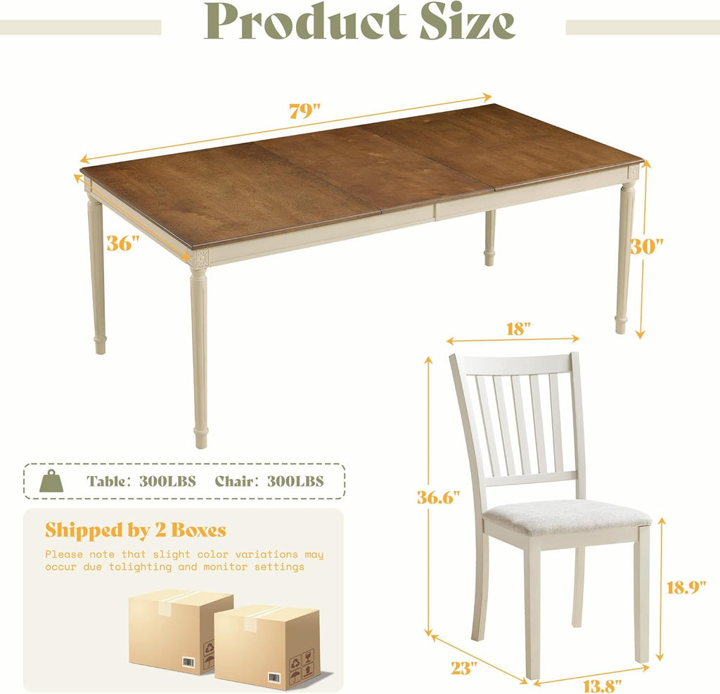 AMERLIFE 9-Piece Farmhouse Dining Table Set for 8, 79" Rectangular Kitchen Table with 8 Upholstered Chairs, Solid Rubberwood Frame, Roman Conical Legs, Rustic Cream