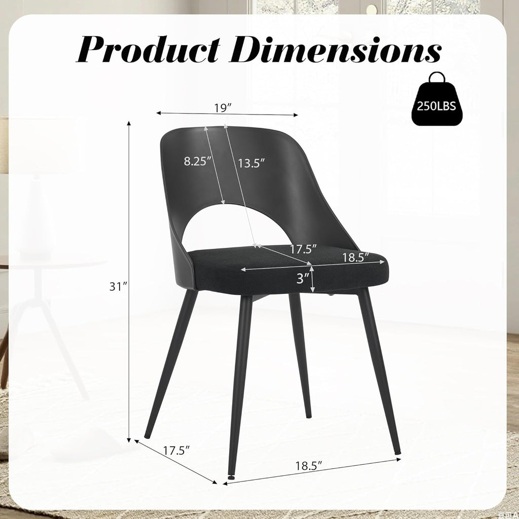 HENGJIANYI Modern Dining Chairs Set of 2, Armless Kitchen Chairs with Hollowed-Out Plastic Back, Upholstered Dining Room Chair with Metal Legs, Black