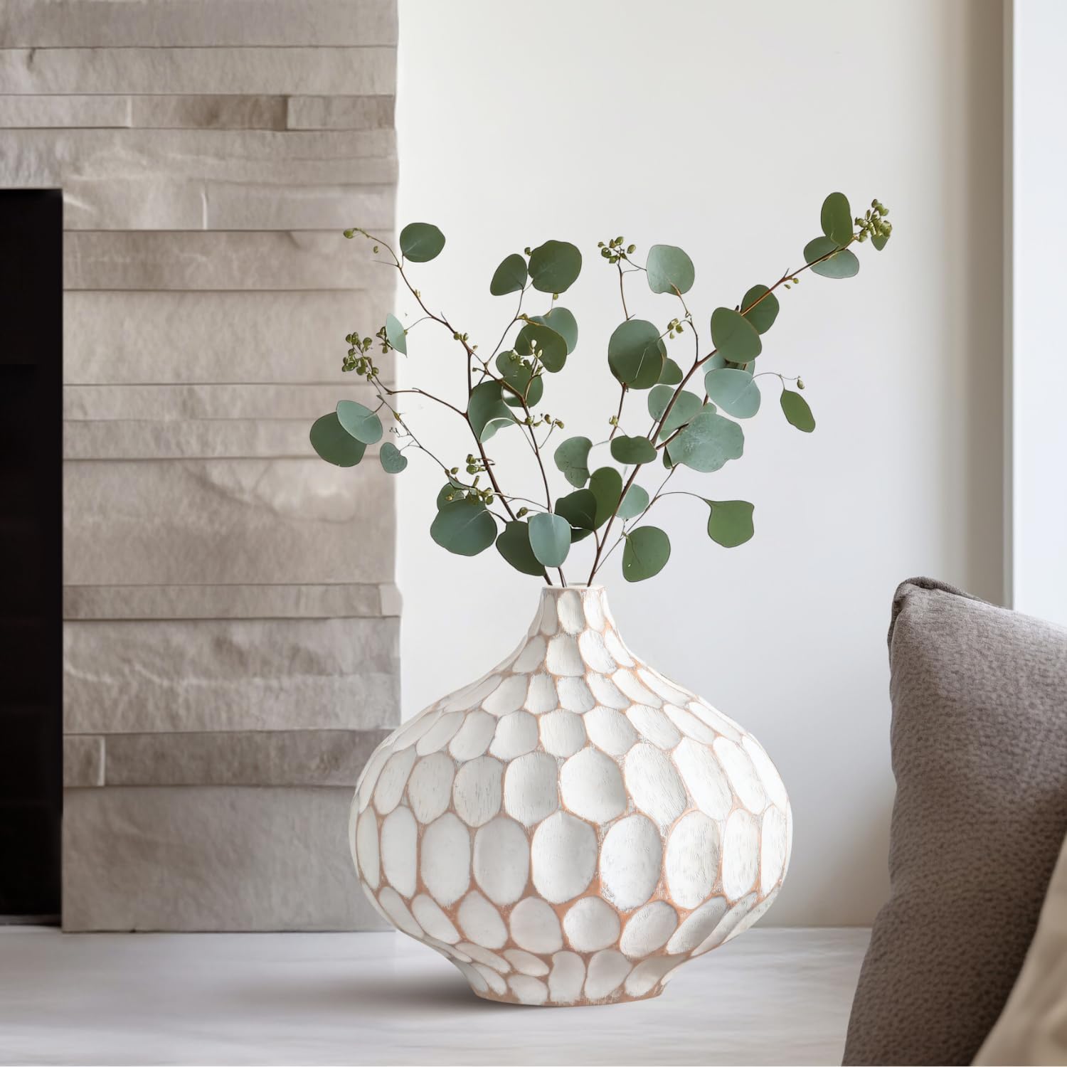 Torre & Tagus 9" Modern Rustic Textured Vase for Home Decor - Distressed Whitewash Farmhouse Terracotta Style Large Rustic Vase for Home Deco on Entryway Table, Fireplace or Wedding (Carved Divot)