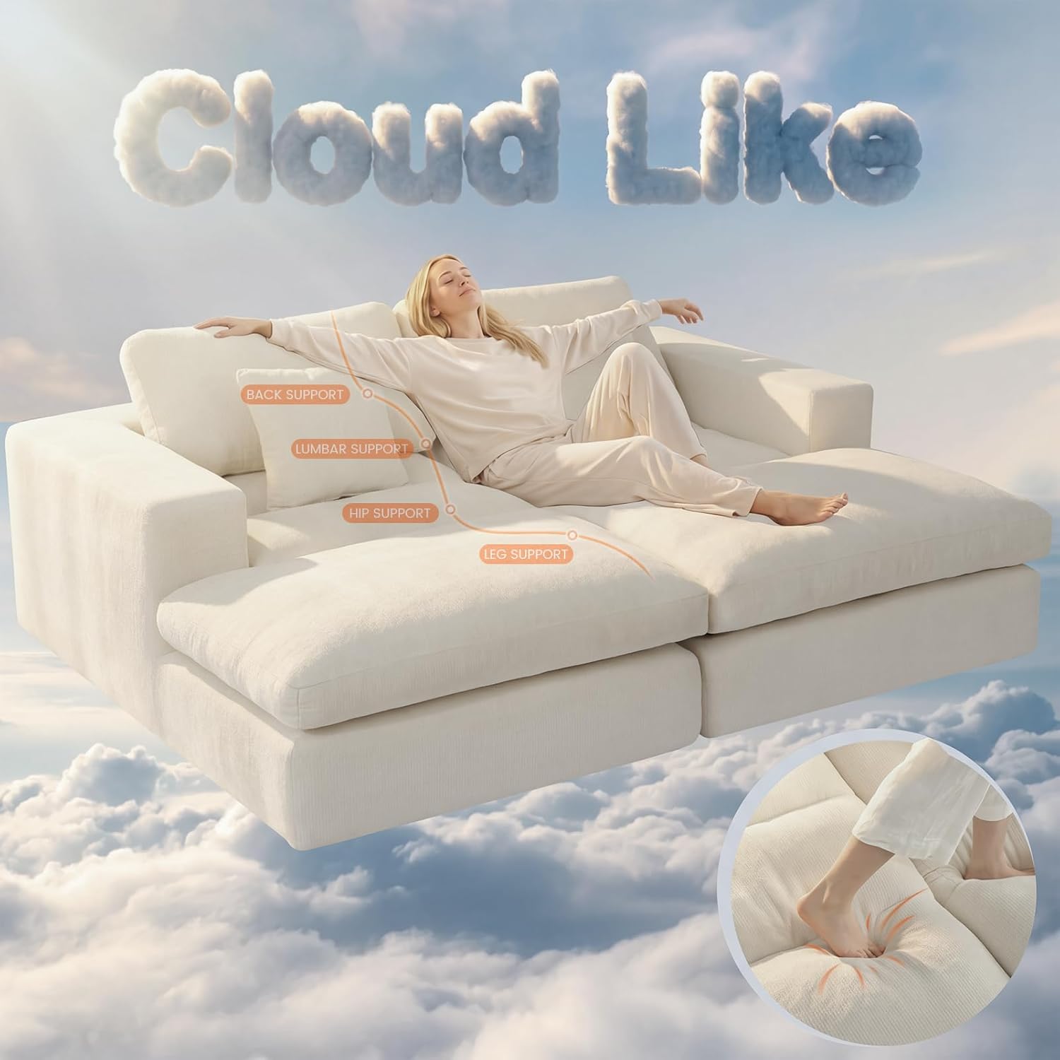 80.7" Oversized Double Chaise Lounge Chair Indoor, Cloud Boneless Sleeper Sofa Bed with 4 Pillows, Extra Deep Seat Cozy Loveseat Couch for Living Room Bedroom, No Assembly Required (Beige)
