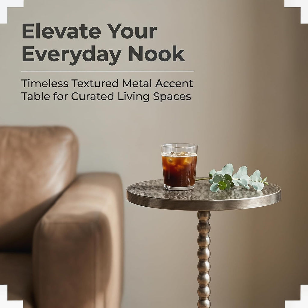 COVLON Drink Table, Small Round Pedestal Side Table, Martini Table for Small Spaces, Gold Accent End Table with Hammered Top, Plant Stand for Living Room, Bedroom, Bathroom, Easy Assembly