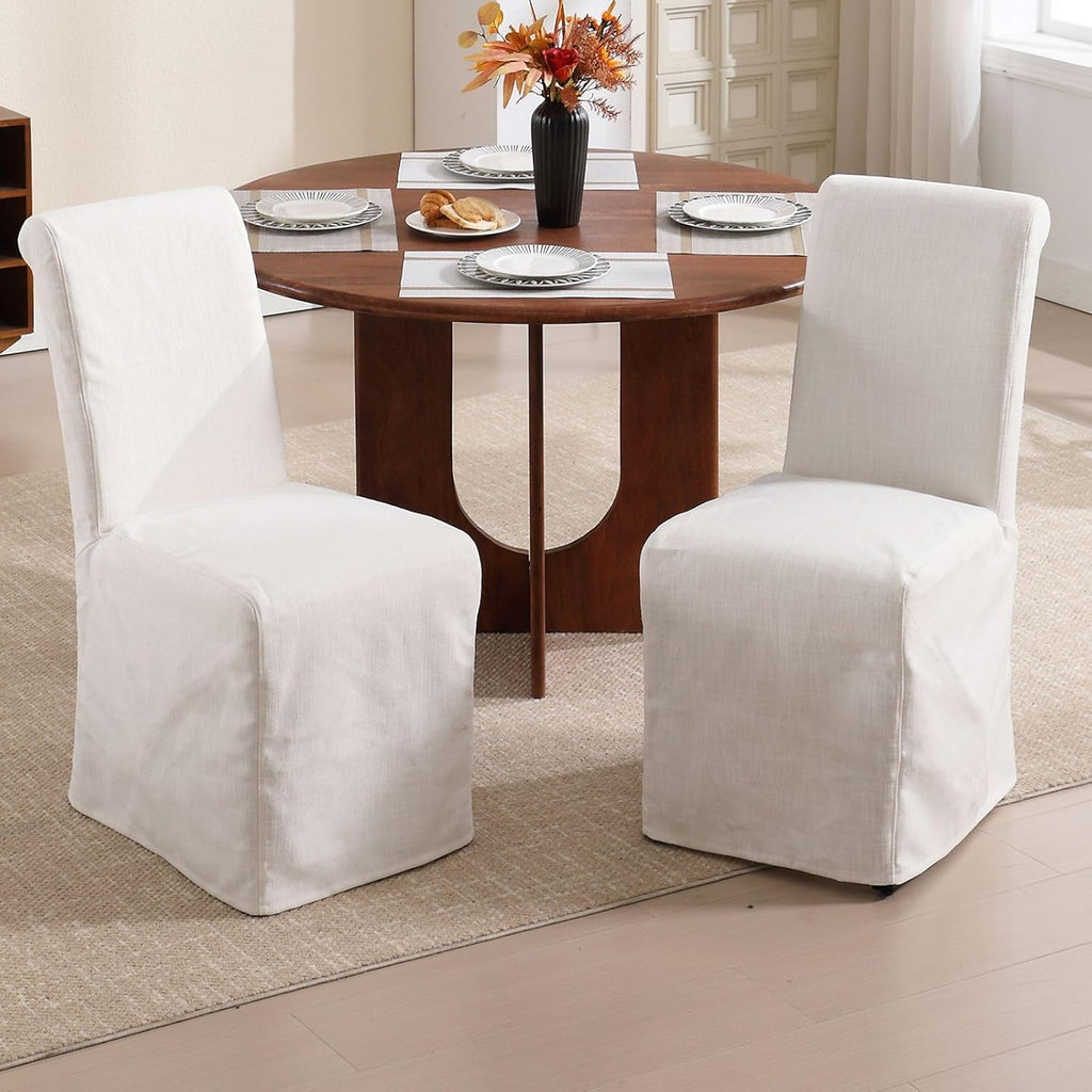 Parsons Dining Chairs Set of 6, Upholstered Slipcovered Dining Room Chairs with Removable Washable Skirt, High Back Kitchen Chairs with Solid Wood Legs, Cream White Linen Fabric