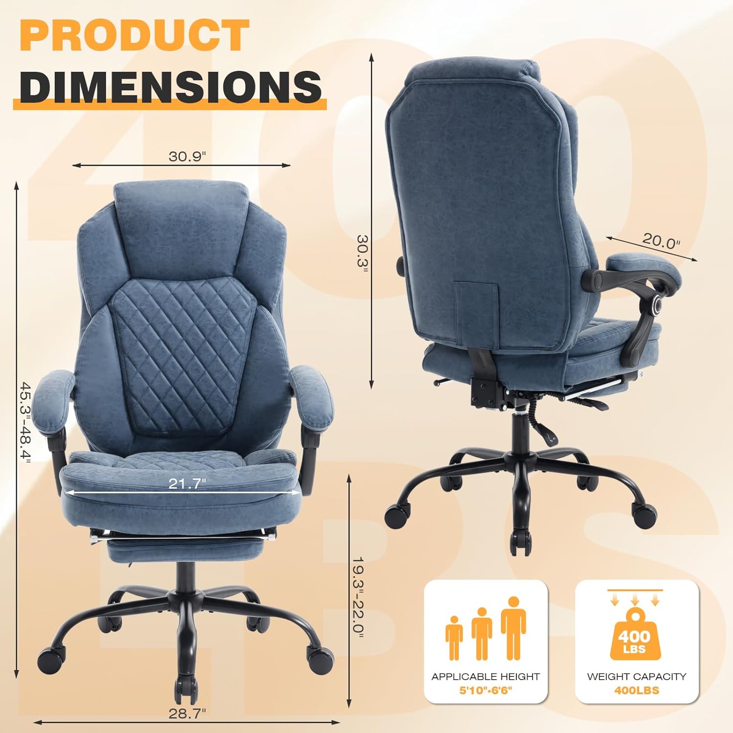 Fully Reclining Office Chair with Footrest, Mid Century Modern Faux Leather Blue Office Desk Chair with Foot Rest for Home Office