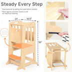WINGYZ Toddler Tower - Anti-Tip Natural Wood Learning Stool Helper for Kids 18M-6Y, 150lb Capacity Kitchen Stool with 3-Height Adjustable Platform and Sliding Door Access, 20lb Portable Design, Wood