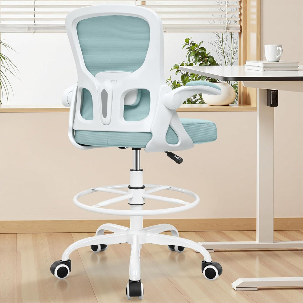 Drafting Chair Tall Office Chair for Standing Desk - Ergonomic Computer Work Stool with Lumbar Support, Flip-up Arms & Foot Ring. for Studio Artist Engineer Gaming Bar Study (Light Blue)
