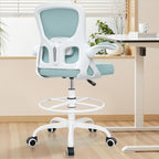 Drafting Chair Tall Office Chair for Standing Desk - Ergonomic Computer Work Stool with Lumbar Support, Flip-up Arms & Foot Ring. for Studio Artist Engineer Gaming Bar Study (Light Blue)
