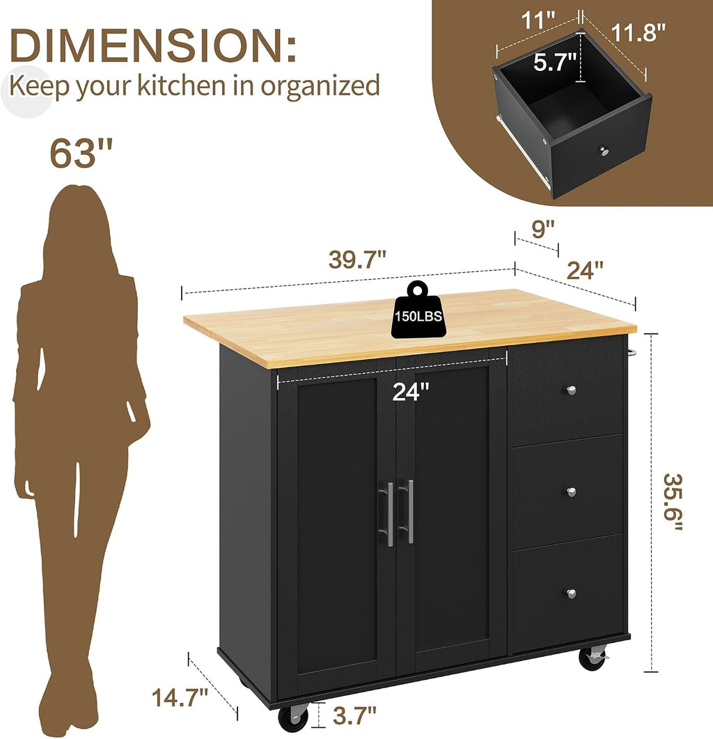 SUNLEI Kitchen Island on Wheels with Storage Cabinet & Foldable Drop Leaf, Rolling Kitchen Table, Cart Handle for Towel Rack, Drop Leaf, Portable Islands for Kitchen (Classic Black, 39.7-INCH)…
