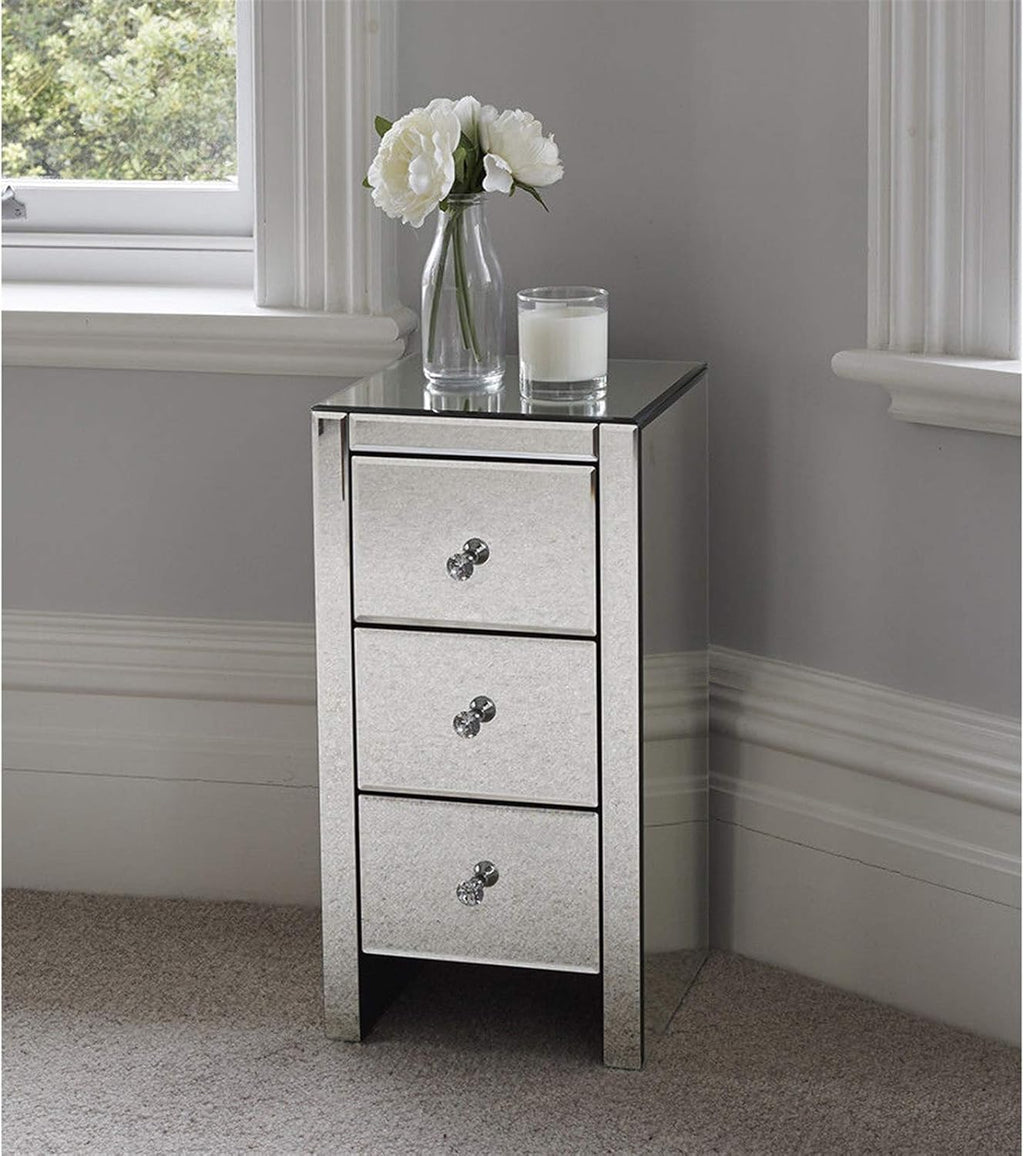 3 Drawer Mirrored Nightstand, Silver Glass Bedside Table with Crystal Knobs, Fully Assembled End Table for Bedroom, Living Room, Glam Accent Furniture, 11.8" x 11.8" x 23.6"
