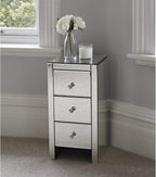3 Drawer Mirrored Nightstand, Silver Glass Bedside Table with Crystal Knobs, Fully Assembled End Table for Bedroom, Living Room, Glam Accent Furniture, 11.8" x 11.8" x 23.6"