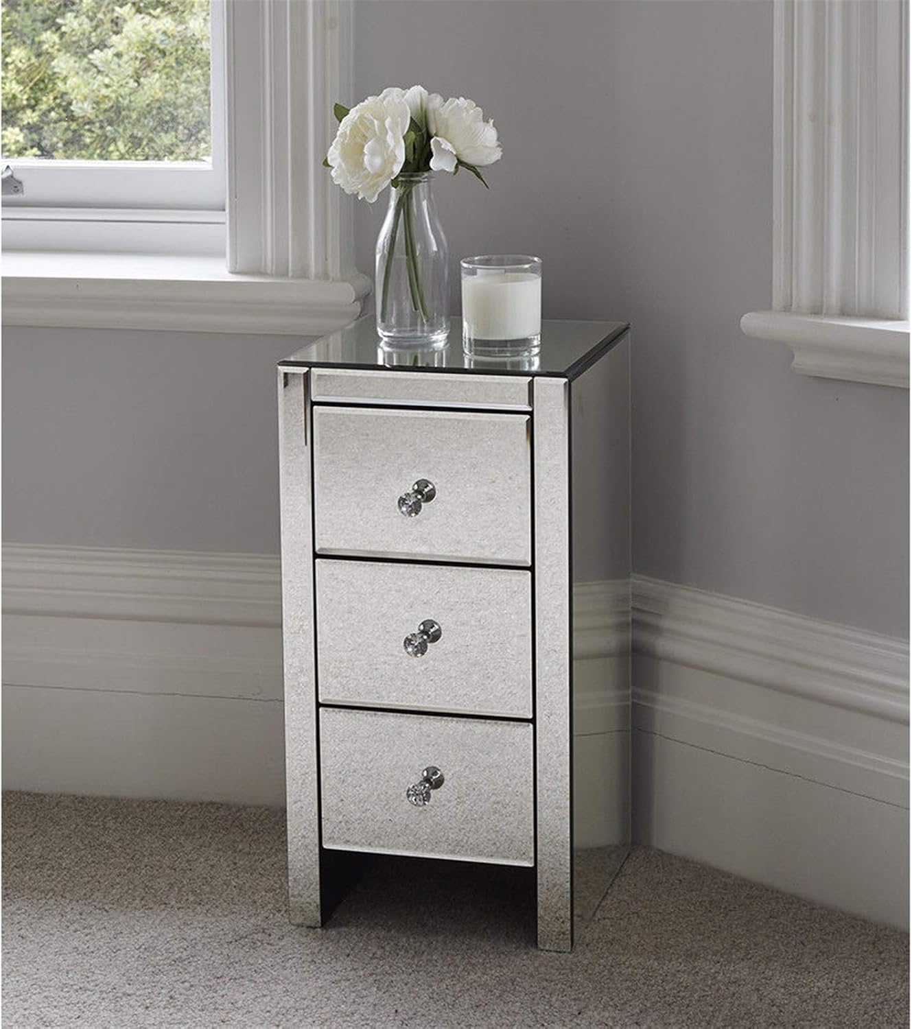 3 Drawer Mirrored Nightstand, Silver Glass Bedside Table with Crystal Knobs, Fully Assembled End Table for Bedroom, Living Room, Glam Accent Furniture, 11.8" x 11.8" x 23.6"