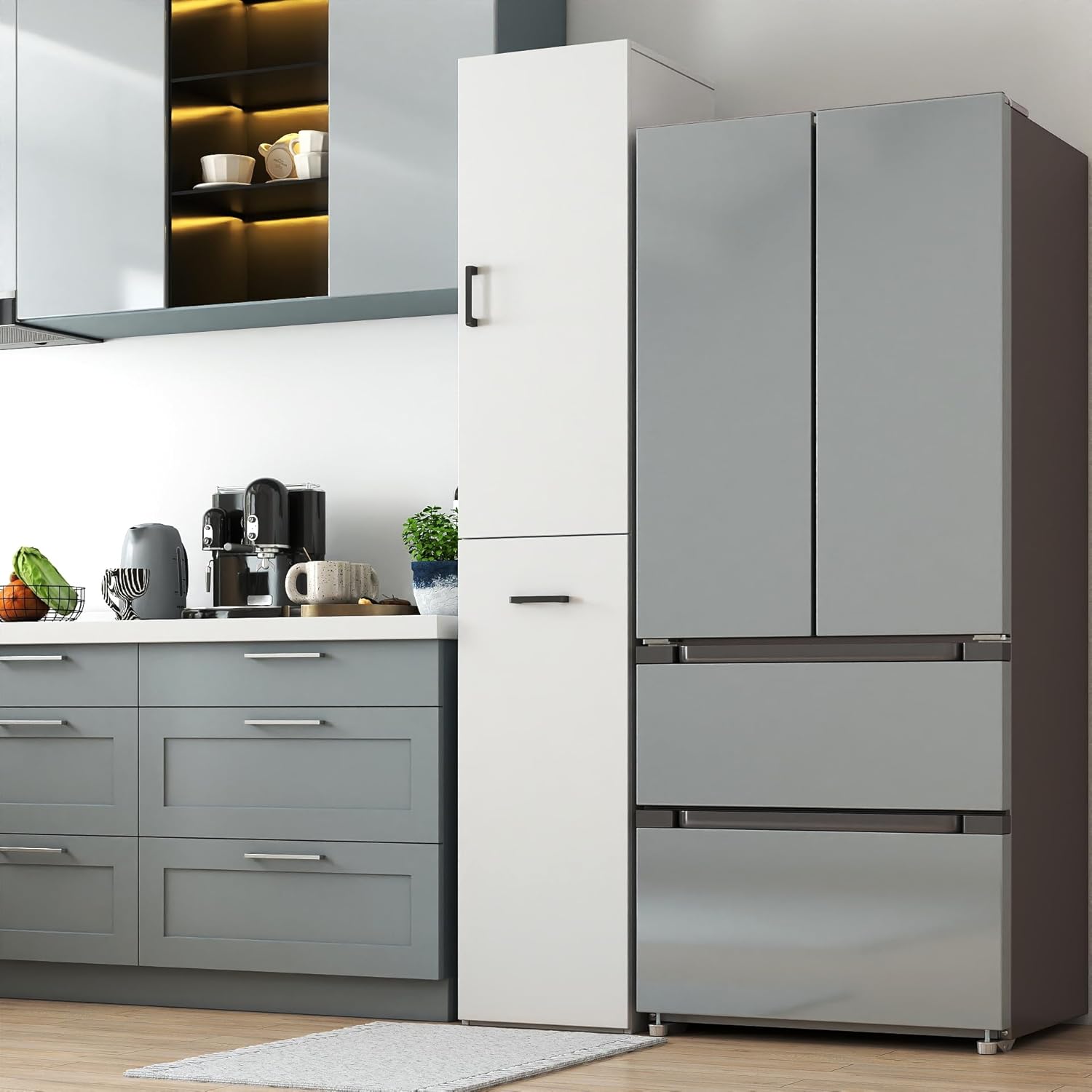 Kitchen Pantry Tall Freestanding Cabinet with 1 Door and 3-Tier Multi-Functional Pull-Out Storage Shelf for Kitchen, Dining Room, Living Room