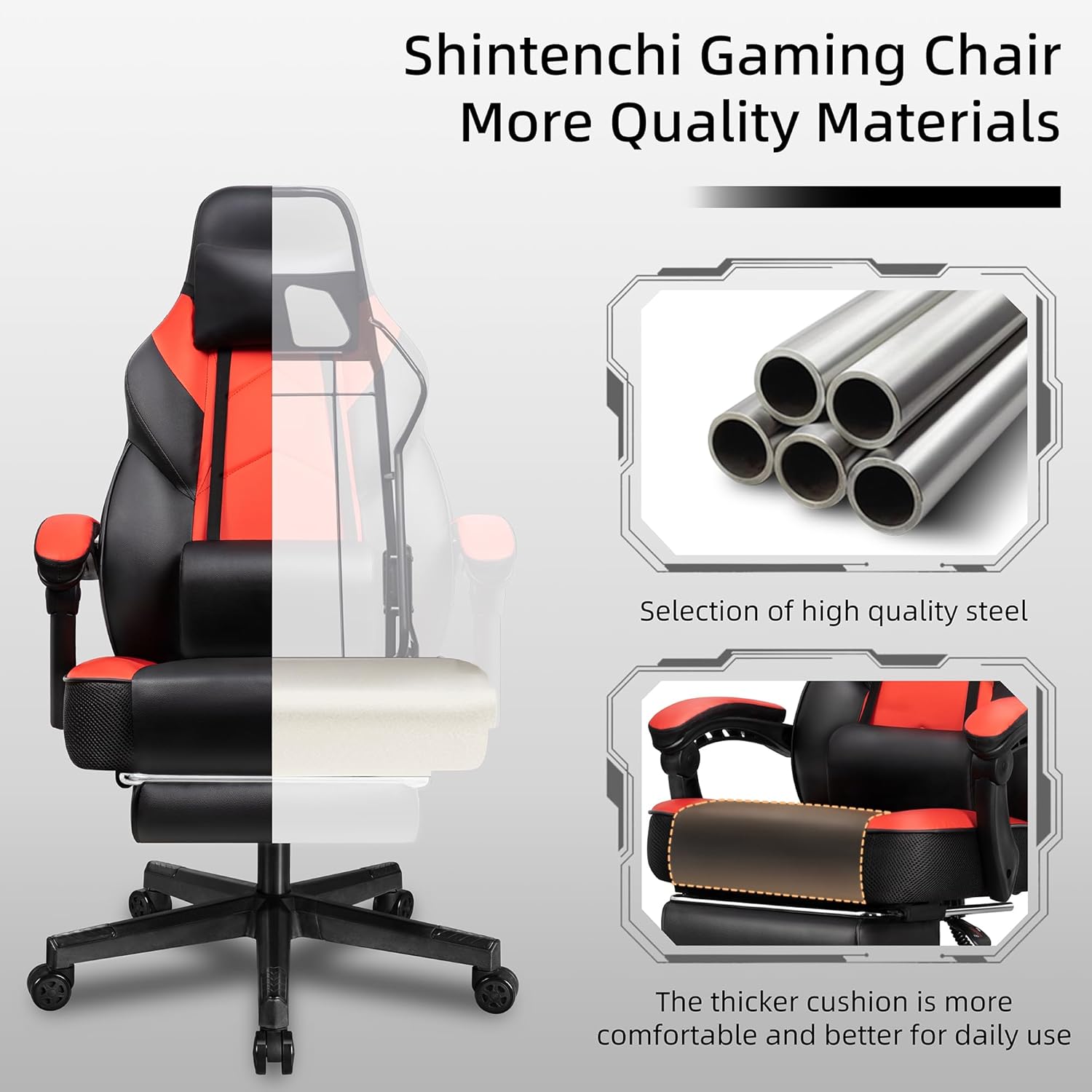 Shintenchi Gaming Chair with Footrest, Massage Lumbar Support, Height Adjustment, and 360° Swivel Seat. Ergonomic Design for Gaming