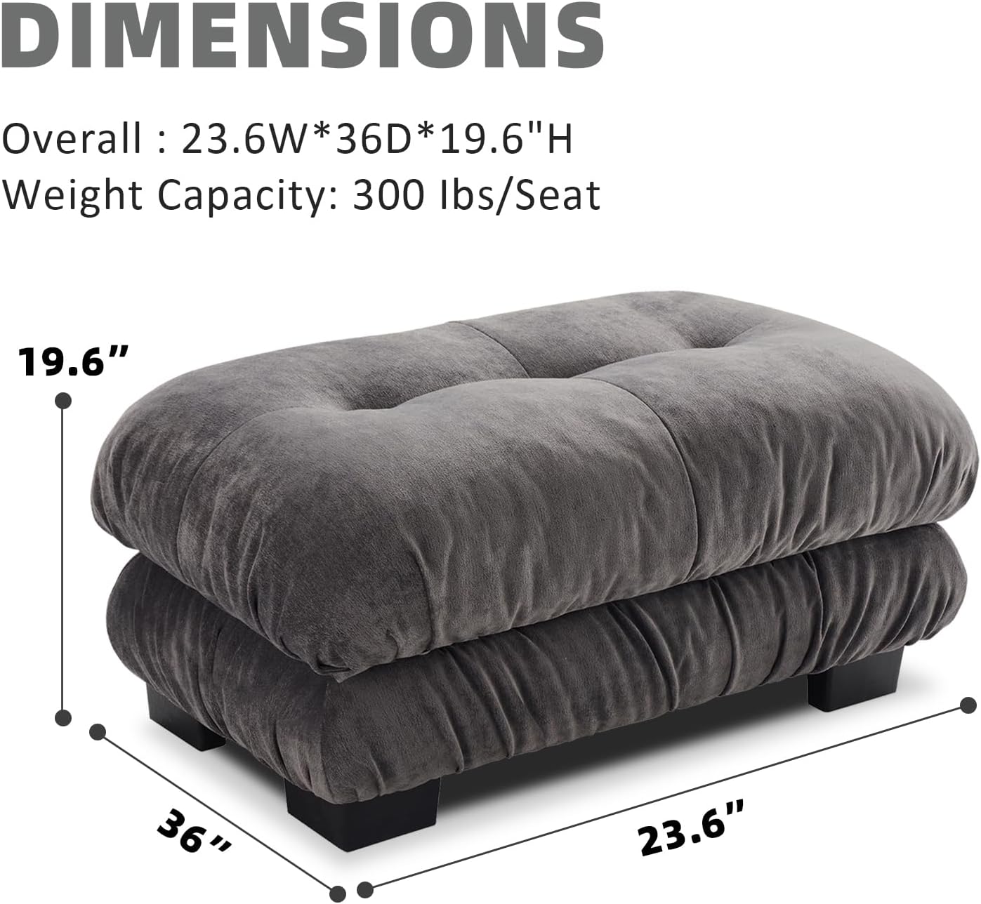Upholstered Ottoman Footstool with Cushion for Sectional Sofa Couch 300lbs for Living Room,Chenille Fabric(Grey)