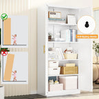 71" Tall White Metal Pantry Cabinet, Freestanding Storage Cupboard with Doors & 4 Adjustable Shelves, for Kitchen, Dining Room & Living Room