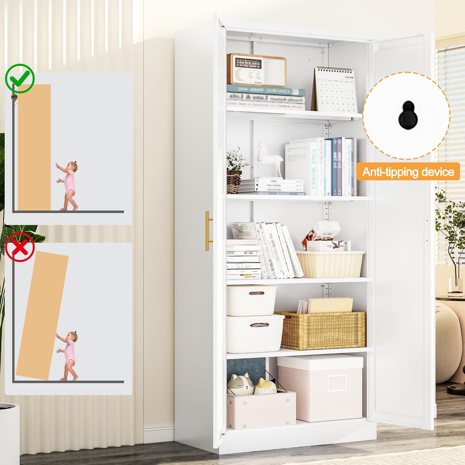 71" Tall White Metal Pantry Cabinet, Freestanding Storage Cupboard with Doors & 4 Adjustable Shelves, for Kitchen, Dining Room & Living Room