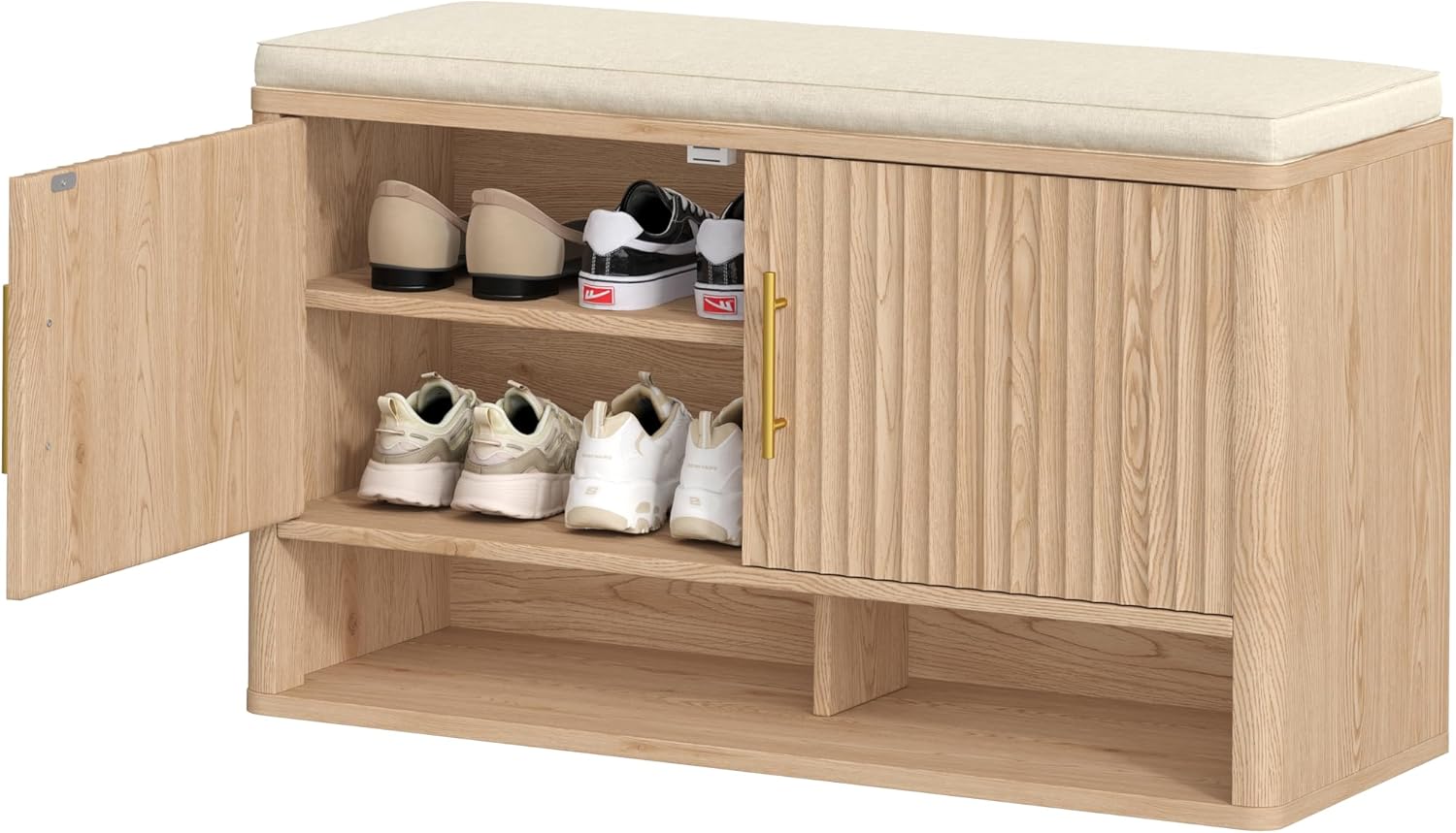 Fluted Shoe Storage Bench with Cushion, Entryway Bench with Adjustable Shelves and Open Bottom Shelf, Hidden Shoe Cabinet Storage for Entryway, Hallway, Living Room, Bedroom, Natural Oak