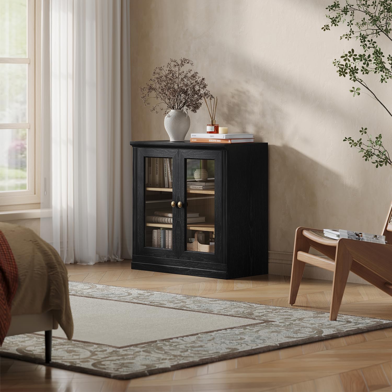 CHIC HOUSE Monos Storage Cabinet with Acrylic Doors & Shelves, 32" Modular Fluted Sideboard Buffet Cabinets, Small Coffee Bar Kitchen Pantry, Modern Media Console Cabinet for Living Room, Black