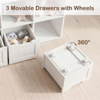Olakids Toy Storage Organizer, Wooden Kids Bookshelf with Hidden Wheels 3 Movable Drawers 5 Open Cubbies, Large Toddler Chest for Playroom Classroom