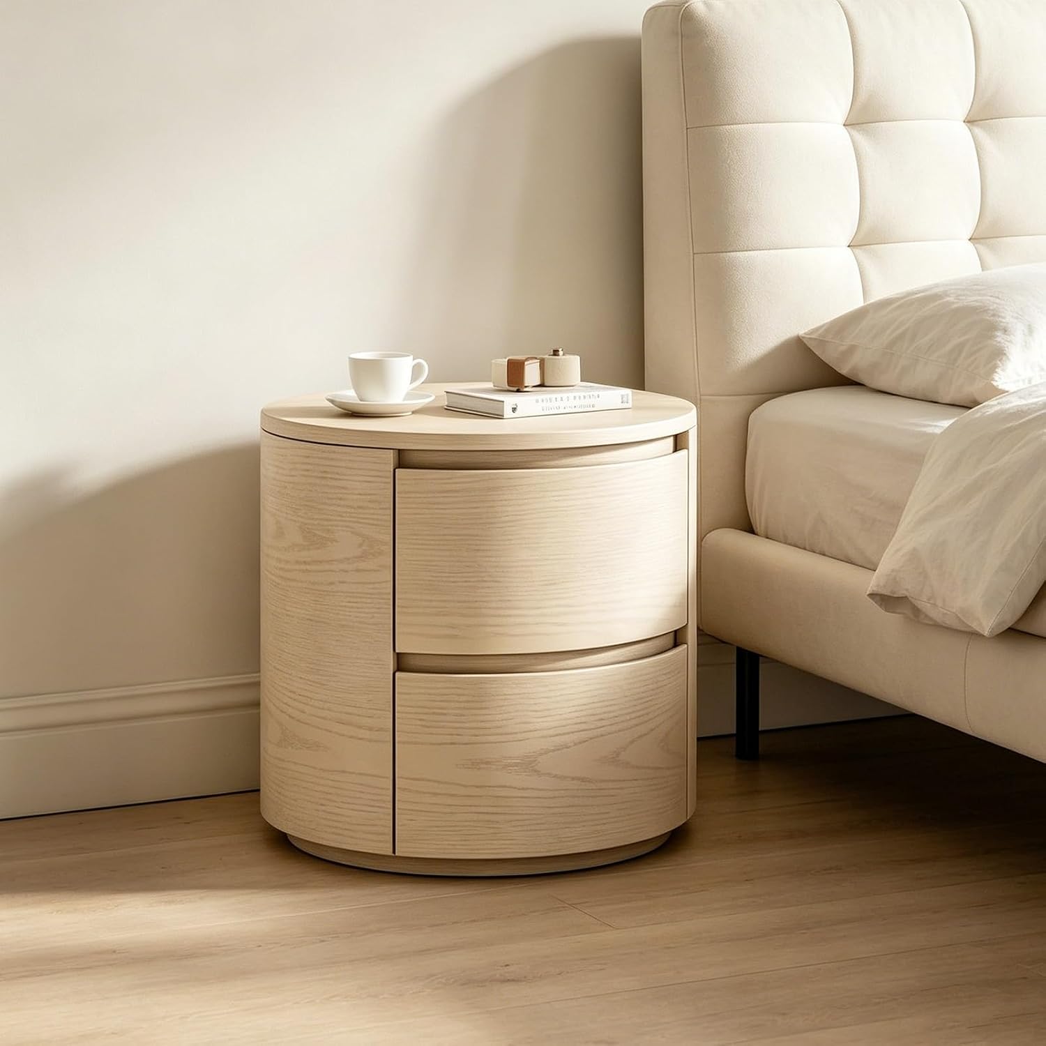 Round End Tables Living Room, End Table with 2 Drawers, Sofa Side Table with Storage, Nightstand for Bedroom, Living Room(White,45cm)