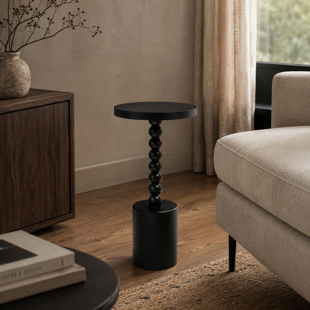COZAYH Black Wood End Table with Round Top and Decorative Beaded Pedestal, Modern Accent Side Table Drink Table for Living Room, Small Spaces