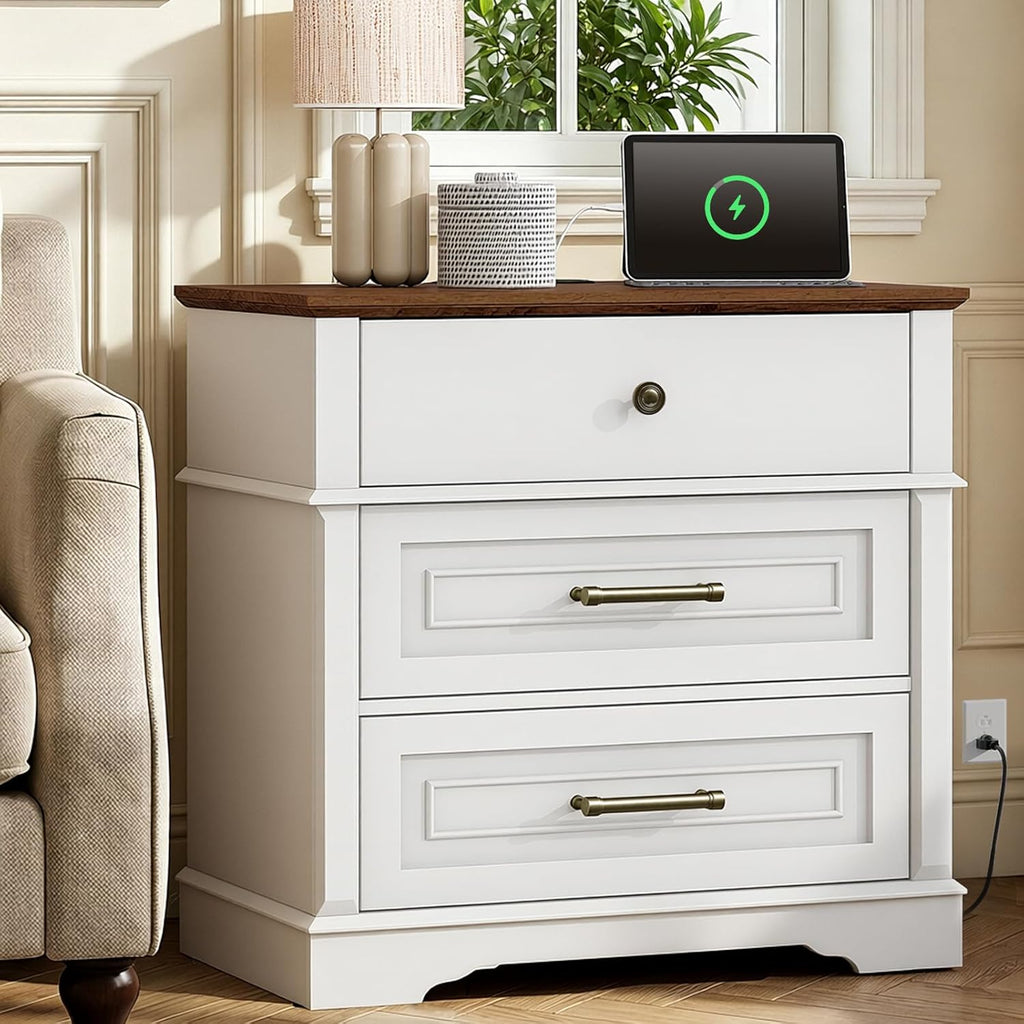 RALGEND 29.5" Tall Nightstand with Charging Station, 3 Drawer Farmhouse Night Stand, 27.6" Wide End Table with Storage, Large Bedside Table for Bedroom Living Room, White and Walnut