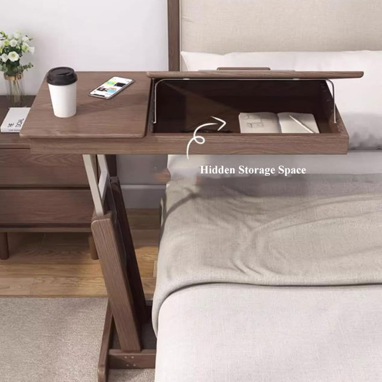 Coffee Table Height Adjustable C Shaped End Table, Foldable Couch Desk with Tiltable Top, Sofa Side Laptop Stand TV Tray with Storage Basket