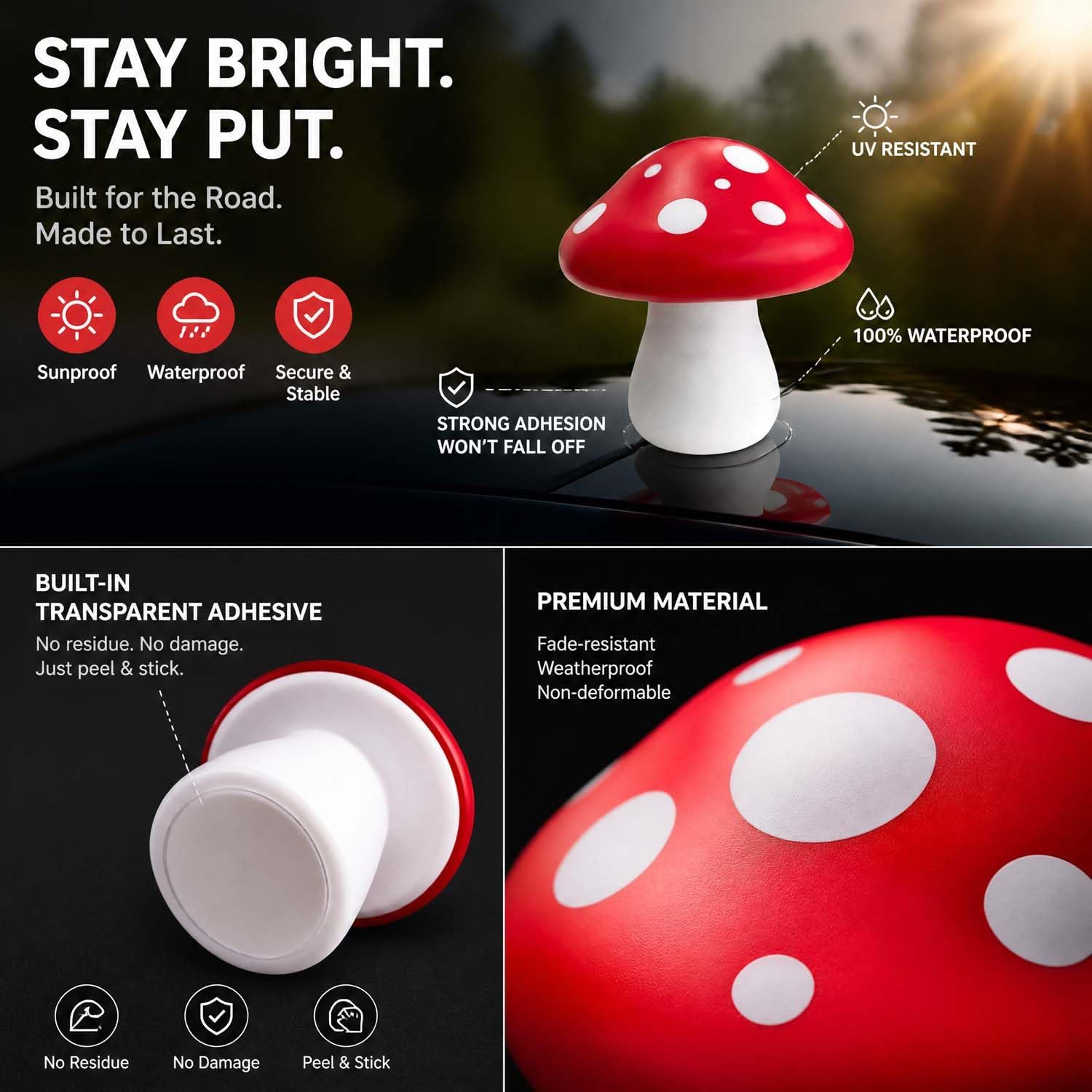 Car Red Mushrooms for Car Roof Deco 3D Cute Big Mushrooms Car Sticker for Garden Dog House