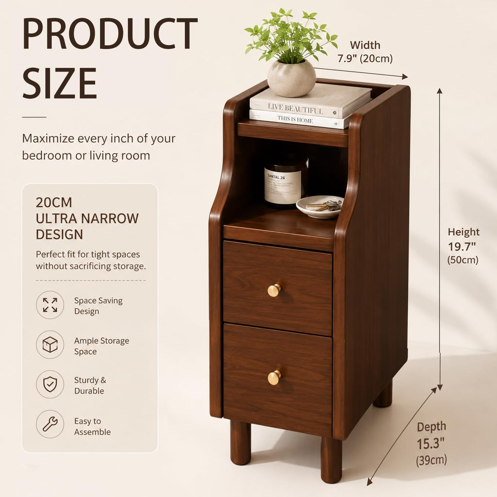 YUNMUARY-Narrow Side Table,Walnut Nightstand,Mid Century Modern Nightstands,Night Stand with Drawers,7.87 Inches Wide Skinny End Table for Bedroom,Living Room,Corners.Easy Assembly.