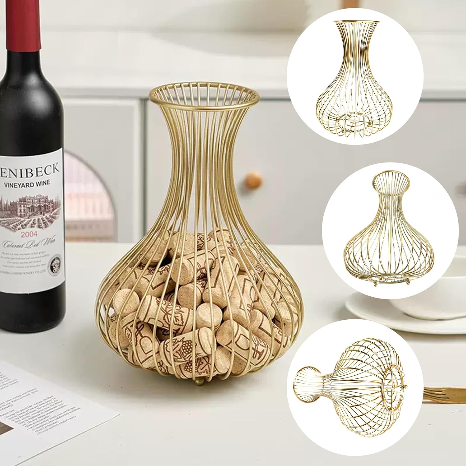 Wine Cork Holder – Elegant Wine Decor & Decorative Cork Holder, Wire Container for Corks with Wine Cork Holders Decorative Style, Holds 75 Corks Freestanding, Perfect for Home Bars, Restaurants