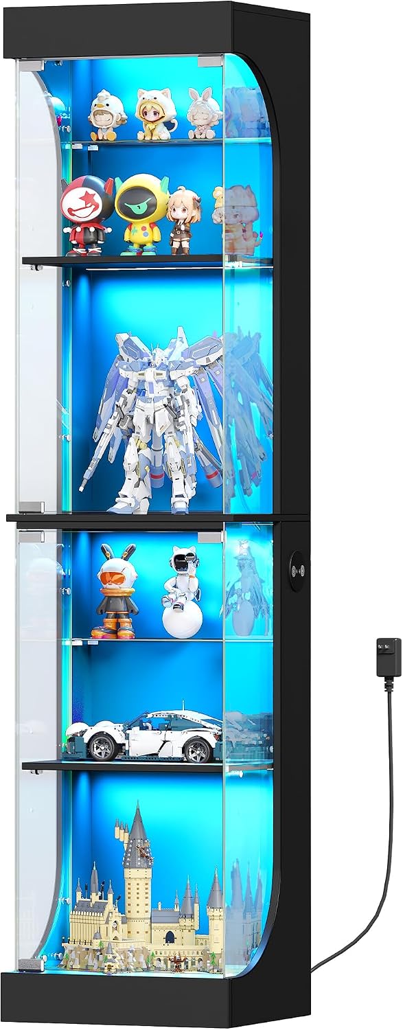 Hzuaneri Glass Display Cabinet 4-Tier Display Case with RGB Lights Black | Curio Cabinet Adjustable Glass Shelves, Human Body Sensor, Press-To-Open Doors Storage Cabinets Showcase For Collectibles