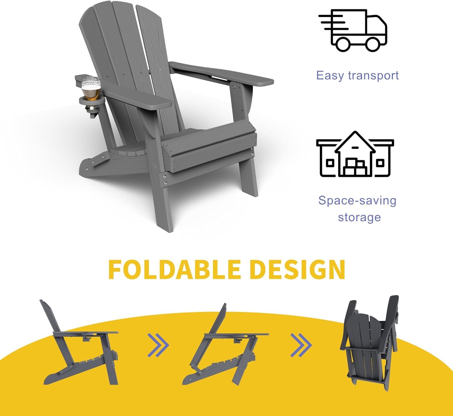 Kingdura Foldable Adirondack Chairs Set of 4, Portable HDPE All Weather Resistant Outdoor Patio Chair, Wooden Textured with Cup Holder, 380LBS Capacity for Poolside, Backyard, Deck, Fire Pit (Grey)