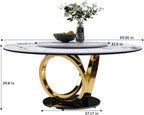 Modern Marble Dining Table, 59" Round Sintered Stone Table for Dining Room, Kitchen, Compact Space w/Stainless Steel Gold Base, Detachable Lazy Susan