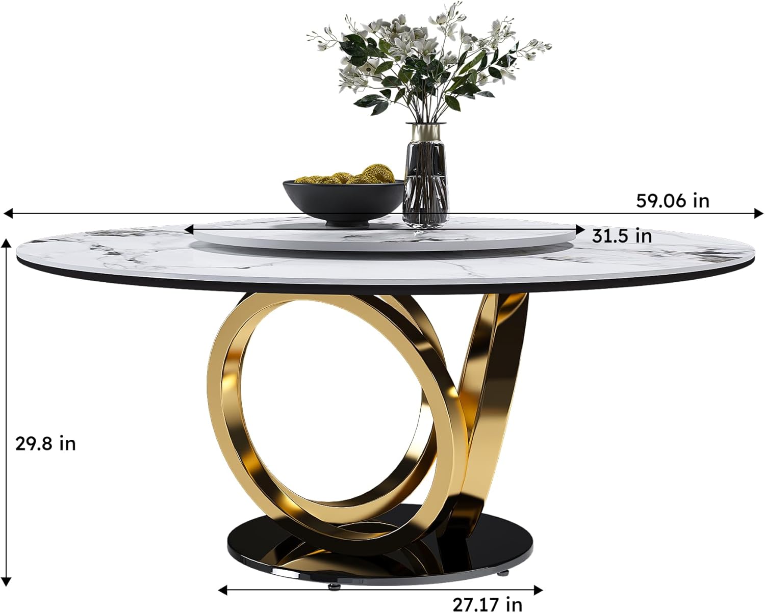 Modern Marble Dining Table, 59" Round Sintered Stone Table for Dining Room, Kitchen, Compact Space w/Stainless Steel Gold Base, Detachable Lazy Susan