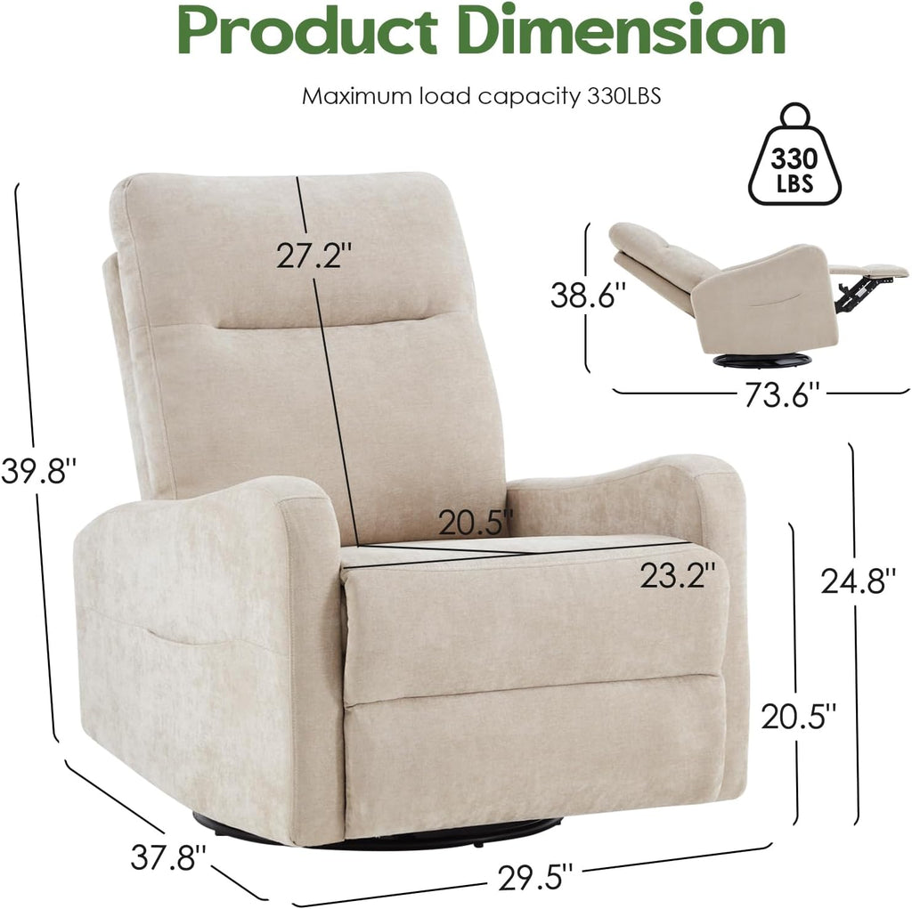 Oversized Swivel Rocking Recliner Chair, Faux Leather Manual Glider Rocker with Side Pockets, 23" Wide Seat Comfy Accent Chair for Nursery, Living Room, Bedroom, RV, Beige