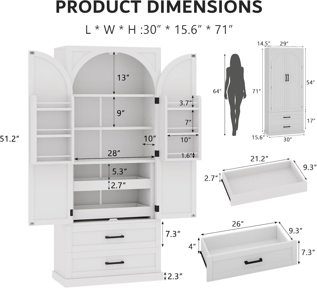 iPormis 71" Tall Kitchen Pantry Storage Cabinet w/Adjustable Shelf, Door Shelves & Large Drawers, Freestanding Kitchen Cupboard for Dining Room/Living Room, White