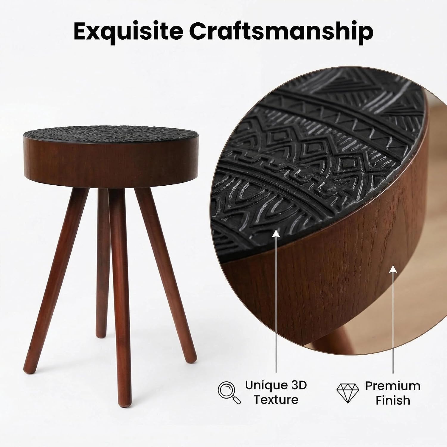 15.7" Round Side Table with Carved Top, Compact Accent Table, Small Drink Tables, Multi-Functional Nightstand, Solid Wood Legs, Countryside Style, Ideal for Living Room, Bedroom, Black and Walnut