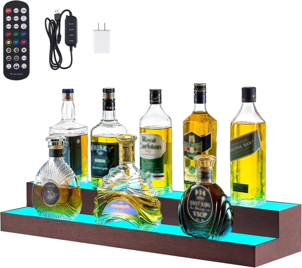 VEVOR LED Lighted Liquor Bottle Display, 2-Tier 30-Inch Whiskey Rack, Support USB, Illuminated Home Bar Shelf with RF Remote & App Control, 7 Static Colors, Acrylic+ Wood Lighted Shelf for 15 Bottles